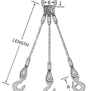 3 Leg Wire Rope Sling illustration with labeled dimensions, hooks, and connection points, emphasizing its design for heavy lifting applications.