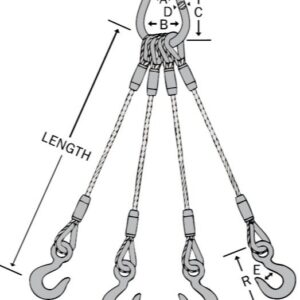 4-leg wire rope sling illustration showing hooks and dimensions, designed for balanced lifting and load control in industrial applications.