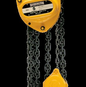 Harrington hand chain hoist with yellow housing and black chains, designed for heavy-duty lifting in industrial applications.