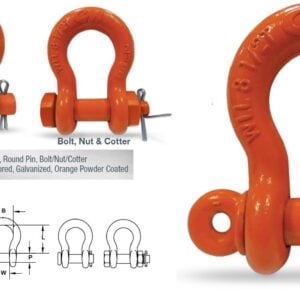 CM Screw Pin Super Strong Bow Shackle, orange powder-coated finish, featuring bolt, nut, and cotter pin, with technical diagram and dimensions for industrial lifting applications.
