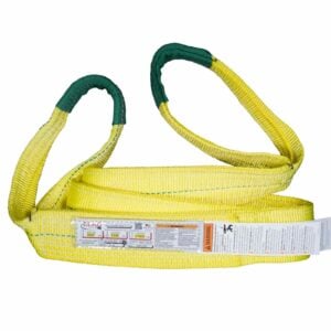 Eye and eye synthetic sling in yellow with green ends, featuring safety labels, used for heavy-duty lifting applications.