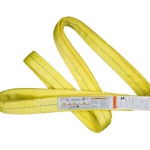 Yellow synthetic lifting sling with safety labels, showcasing durability and strength for heavy-duty applications, relevant to Elko Wire Rope's product offerings.