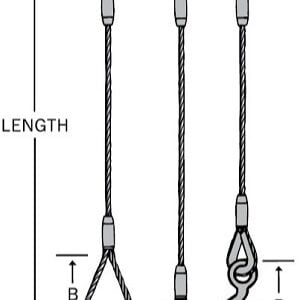 Single leg wire rope sling diagram showing various configurations and measurements, including E-E, E-HT, and E-EH types, highlighting length and attachment points for lifting applications.