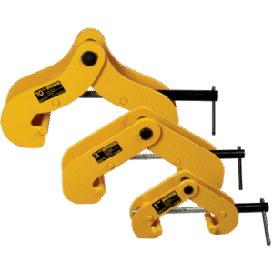Universal beam clamps in three sizes, featuring a bright yellow finish and adjustable screw mechanism, designed for heavy-duty lifting applications.