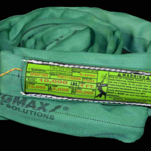Coiled green Single-Path Sling from SlingMax, featuring a safety label with load capacity details and warning information, relevant to rigging and lifting applications.