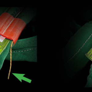 Check-Fast® Inspection System showing a close-up of a green synthetic sling with visible wear indicators and a highlighted frayed thread, emphasizing safety in lifting equipment.