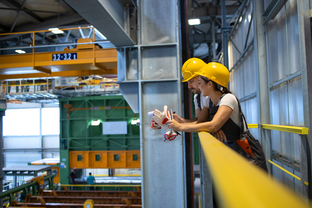 Two workers in hard hats discussing safety equipment, including gloves, in an industrial setting with cranes and lifting machinery in the background, emphasizing safety in lifting operations.